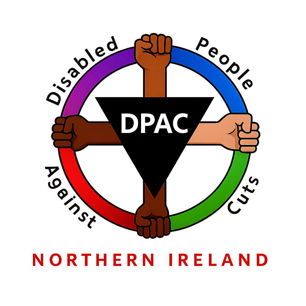 Logo for Disabled People Against Cuts (DPAC) Northern Ireland, featuring four hands of different skin tones gripping a circular ring around a black triangle labeled "DPAC.