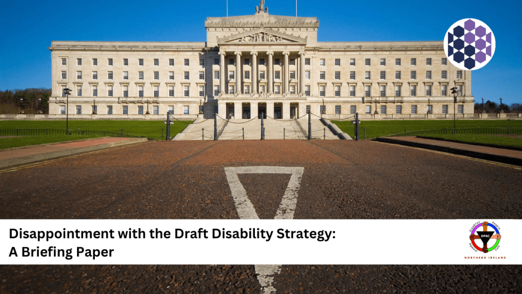 Stormont Parliament Buildings with clear blue sky; foreground shows a road pointing toward the entrance. Overlay text reads “Disappointment with the Draft Disability Strategy: A Briefing Paper.”.